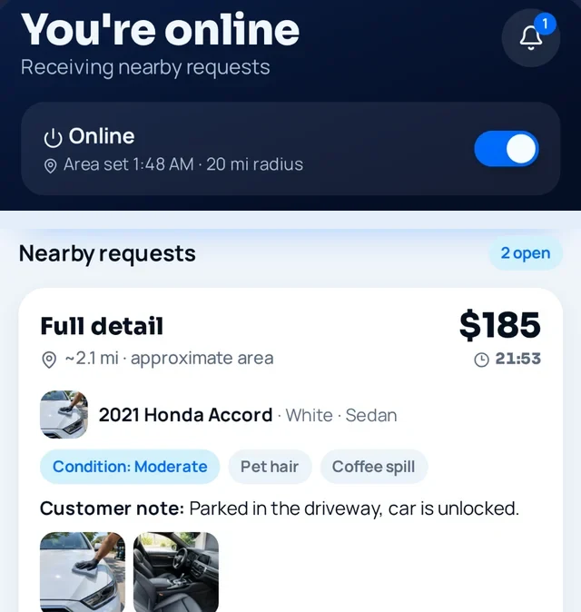 Detailer app detail: You're online — a nearby Full detail request for a 2021 Honda Accord with condition and customer note